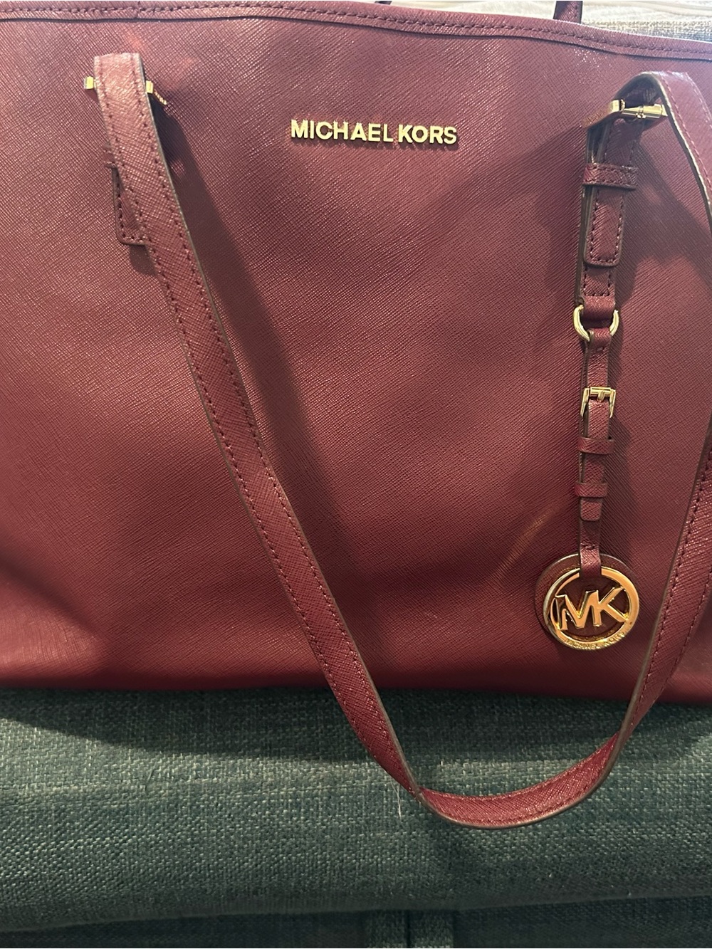 Michael Kors Maroon Saffiano Leather Tote with Gold MK Charm